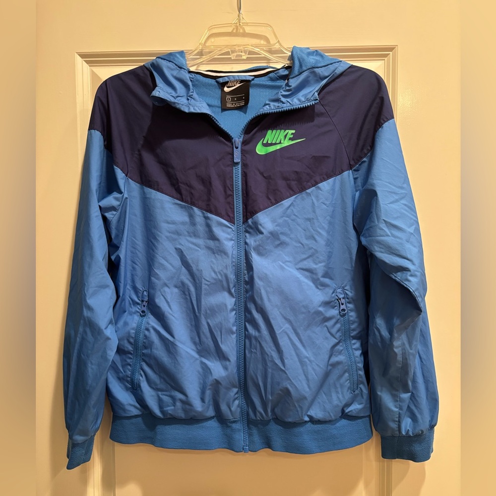 Nike Boys Blue Hooded Windbreaker Jacket Neon Green Logo Youth Large - Picture 6 of 9